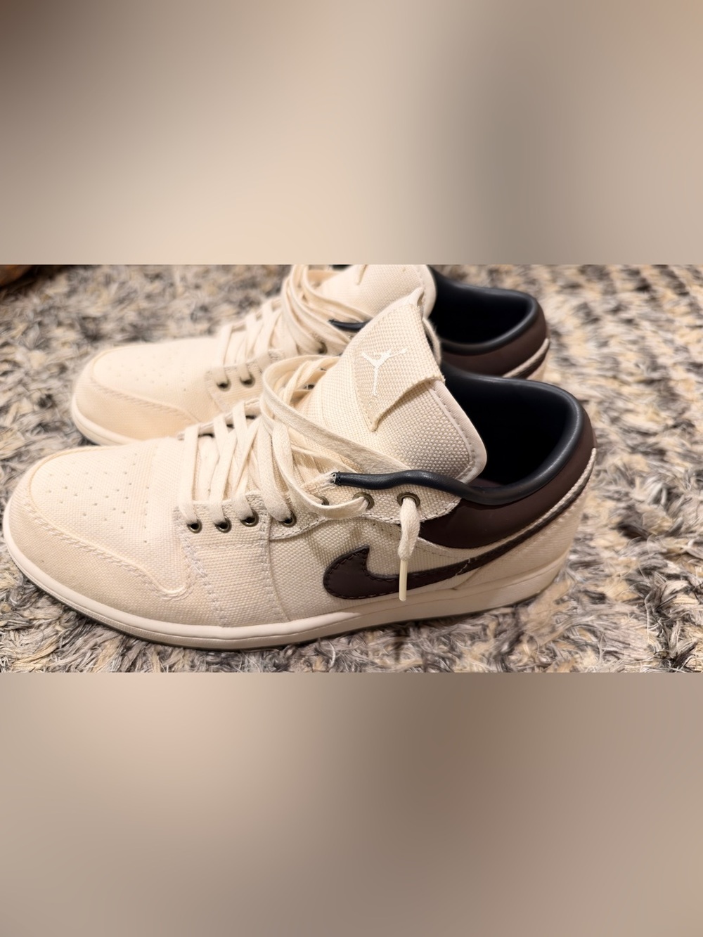 Jordan Cream Canvas Sneakers with Brown Swoosh